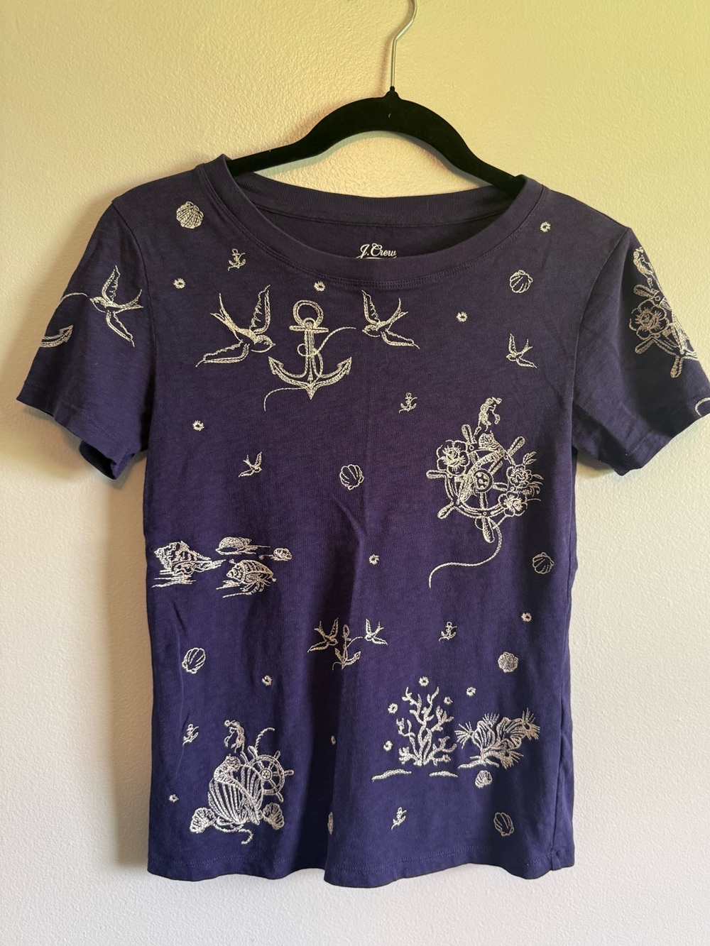 J. Crew Purple Knit Goods Logo Tee with Yellow Print